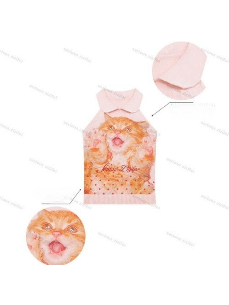 Retro Doll Collar Cat Print Knitted Vest【s0000017082】