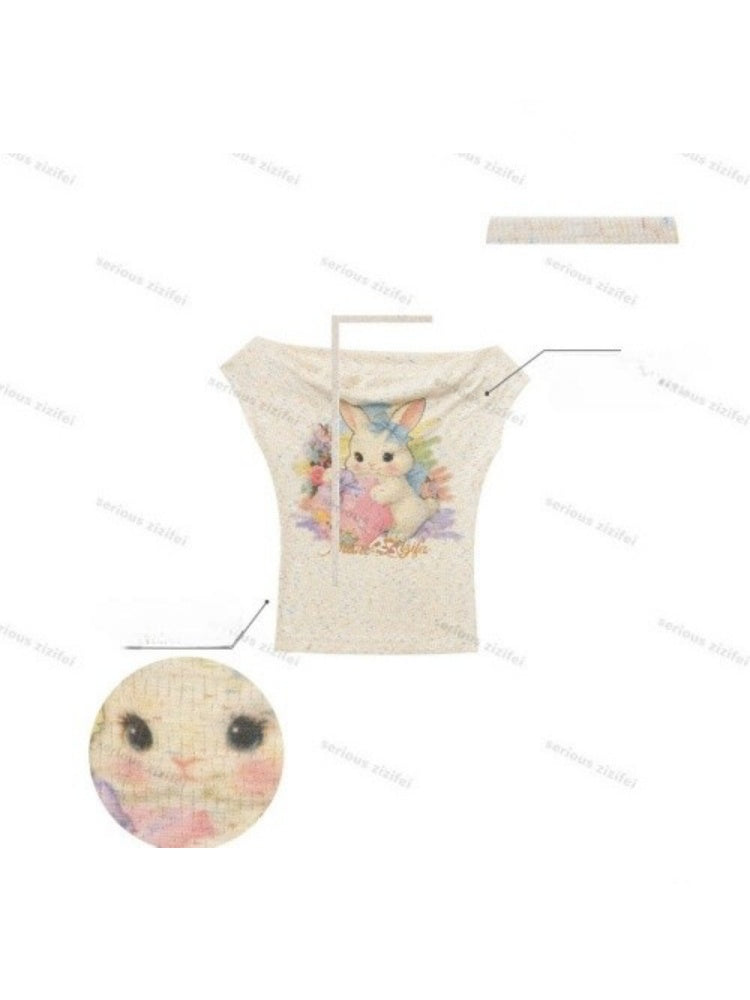 Rabbit Print Off-Shoulder Knitted Short-Sleeved T-Shirt【s0000017083】