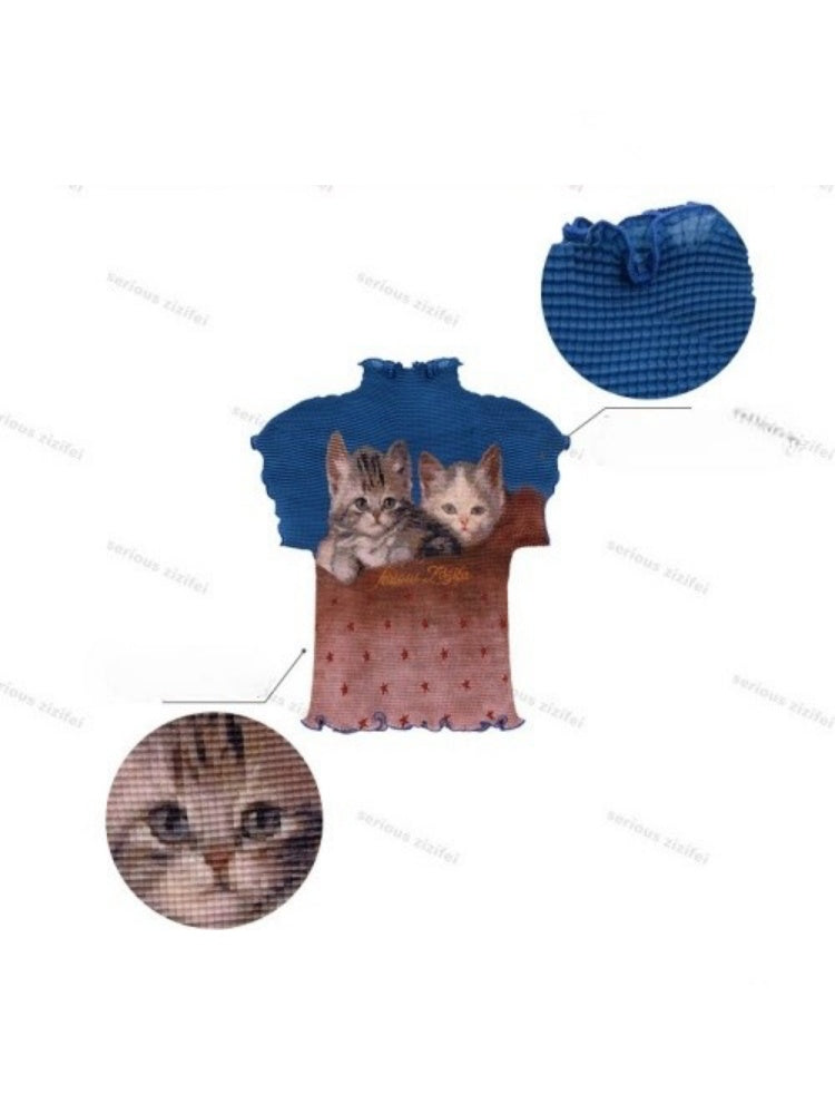 Turtleneck Contrasting Cat Print Lettuce Trim Short-Sleeved T-Shirt【s0000017085】