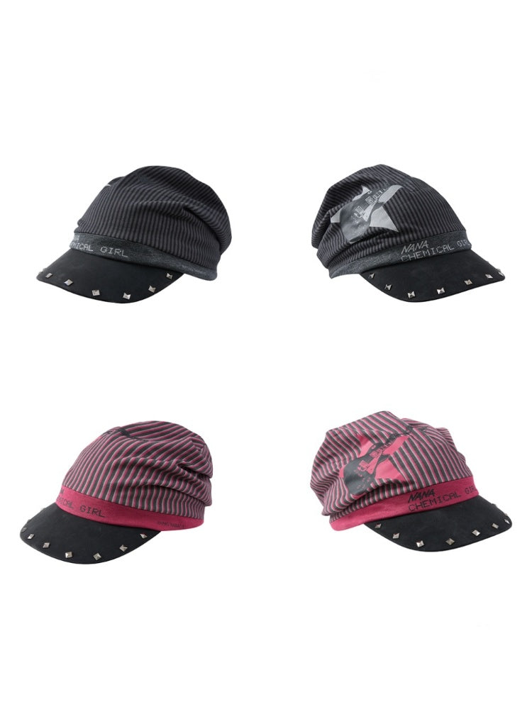 Chemical Girl×NANA Co-Branded Pinstripe Guitar Print Rivet Stack Cap【s0000017086】