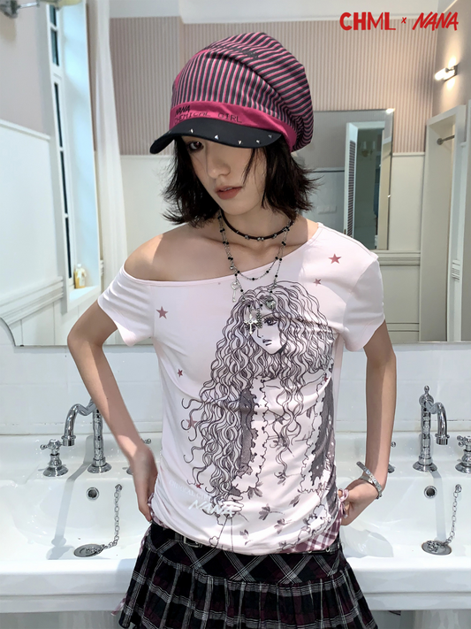 Chemical Girl×NANA Co-Branded Pinstripe Guitar Print Rivet Stack Cap【s0000017086】