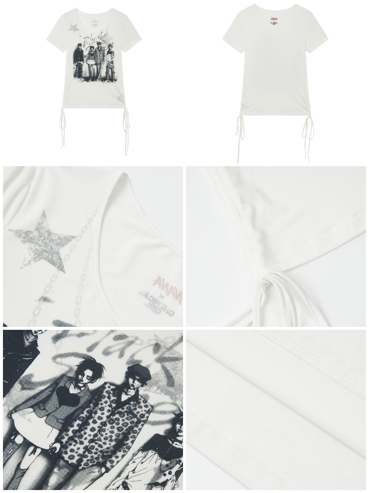 Chemical Girl×NANA Co-Branded Touching Portrait Print Crew Neck Straight Shoulder Slim Drawstring Short T-Shirt【s0000017087】