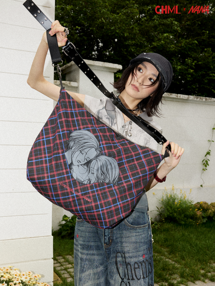 Chemical Girl×NANA Co-Branded Retro Contrasting Plaid Portrait Print Leather Shoulder Canvas Bag【s0000017090】