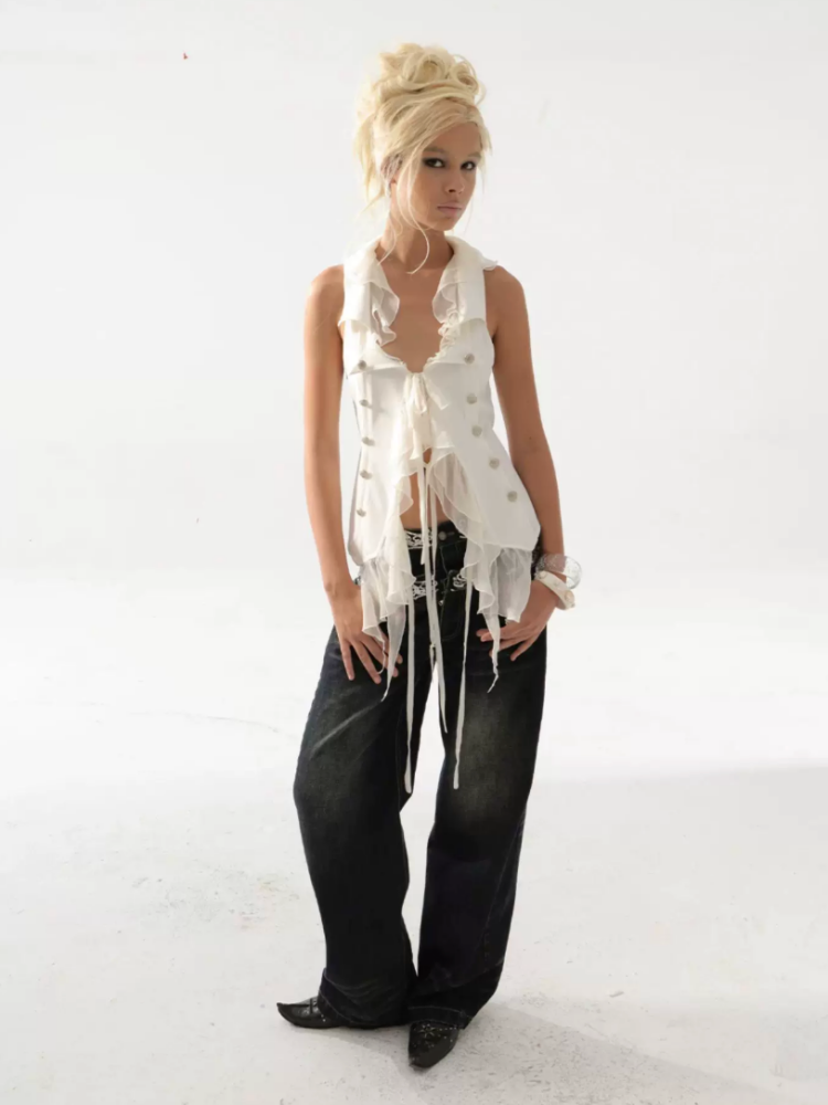 Patchwork Chiffon Jellyfish Ruffle Slim-Fit Vintage Suit Vest【s0000017165】