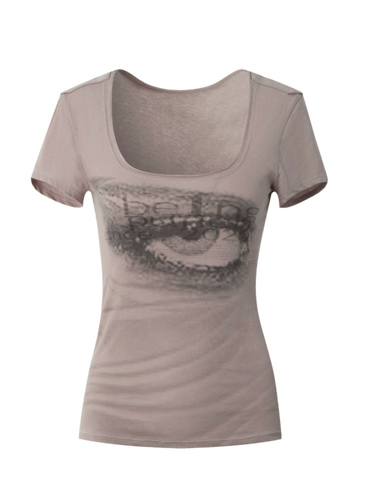 Scoop Neck Millennium Vision Print Slim Fit T-Shirt【s0000017168】