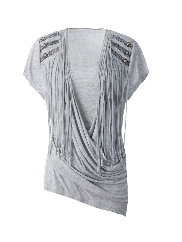 Overlap Fringe Cowl Neck Slim Fit Knit T-Shirt【s0000017169】