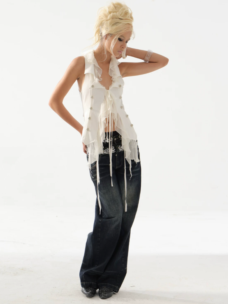 Double-Waist Sequin Embroidery Distressed Low-Rise Jeans【s0000017172】