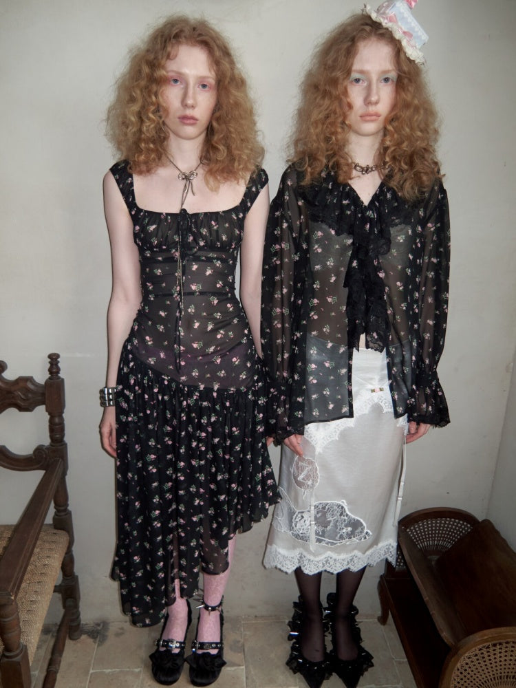 Ruffled V-Neck Court Subtle Sheer Floral Long-Sleeve Shirt【s0000017185】