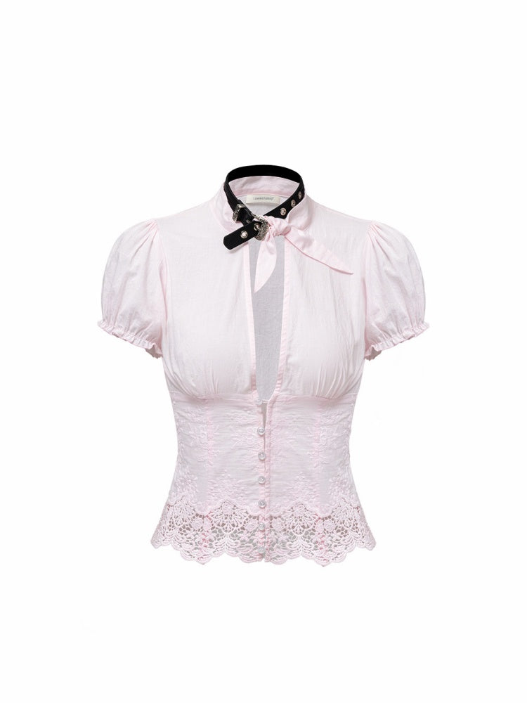 French V-Neck Puff Sleeve Waist-Cinched Hem Lace Shirt【s0000017186】