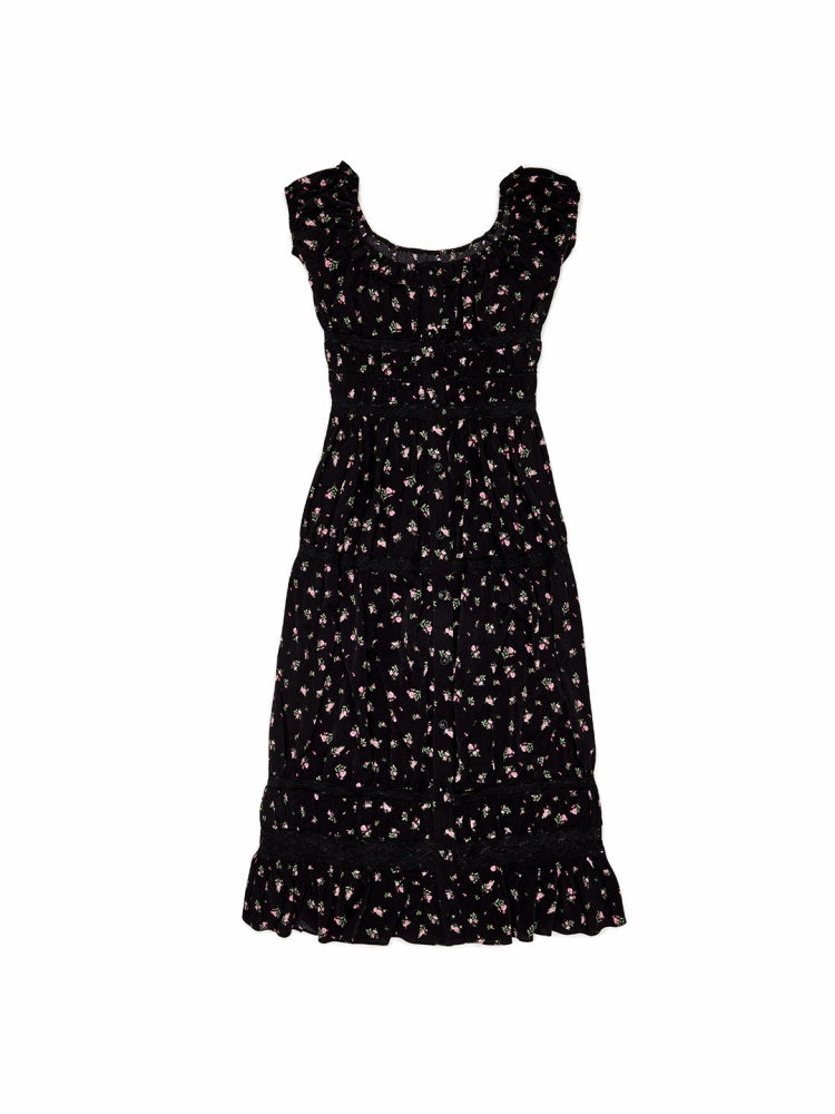 Large U-Neck Puff Sleeve Floral Button Long Dress【s0000017193】