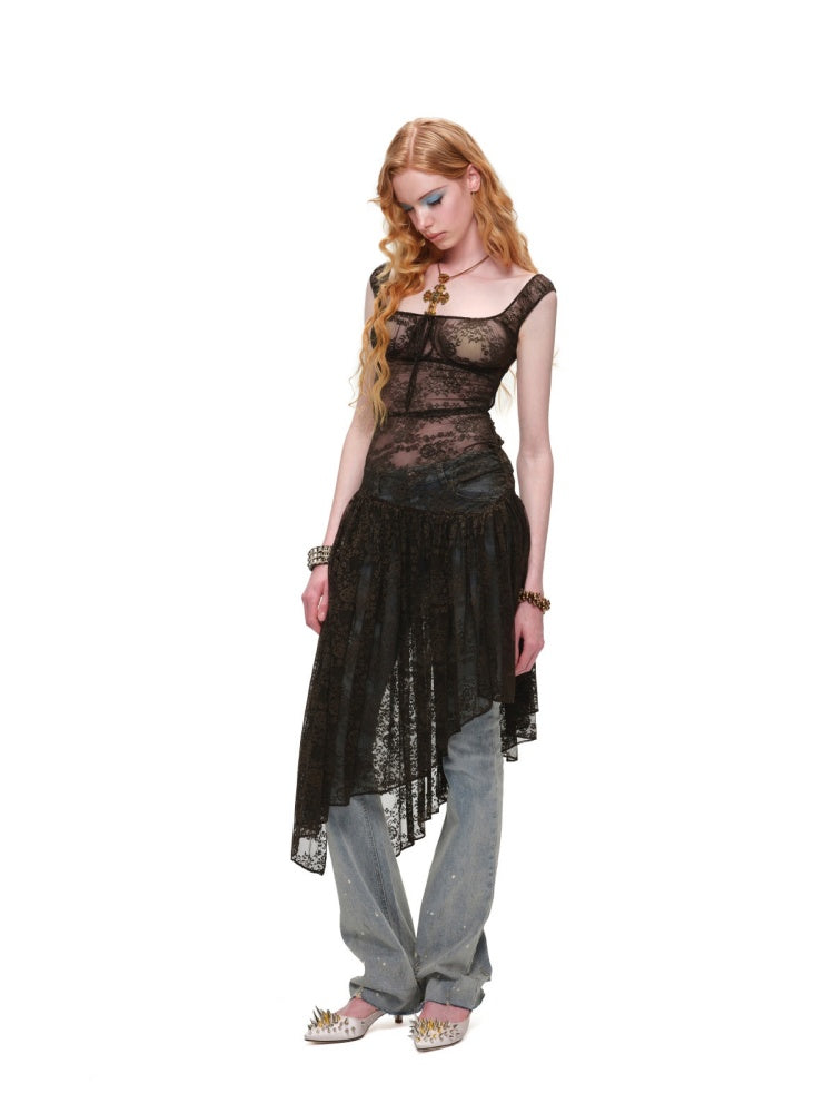 Backless Floral Lace Irregular Hem Dress 【s0000017195】