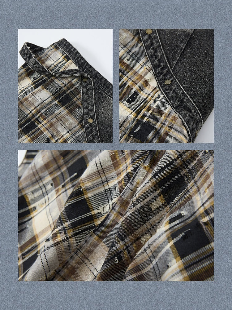 Vintage Plaid Patchwork Irregular Denim Midi Skirt【s0000017330】