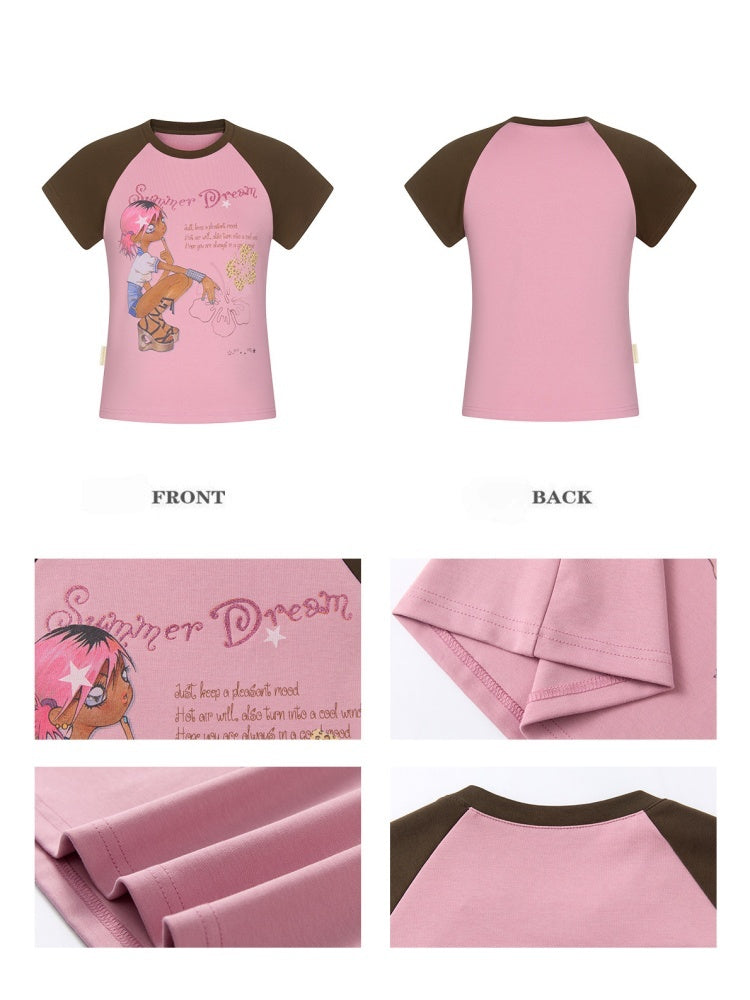 Pink-Brown Raglan Sleeve Color-Block Short-Sleeve T-Shirt【s0000017343】