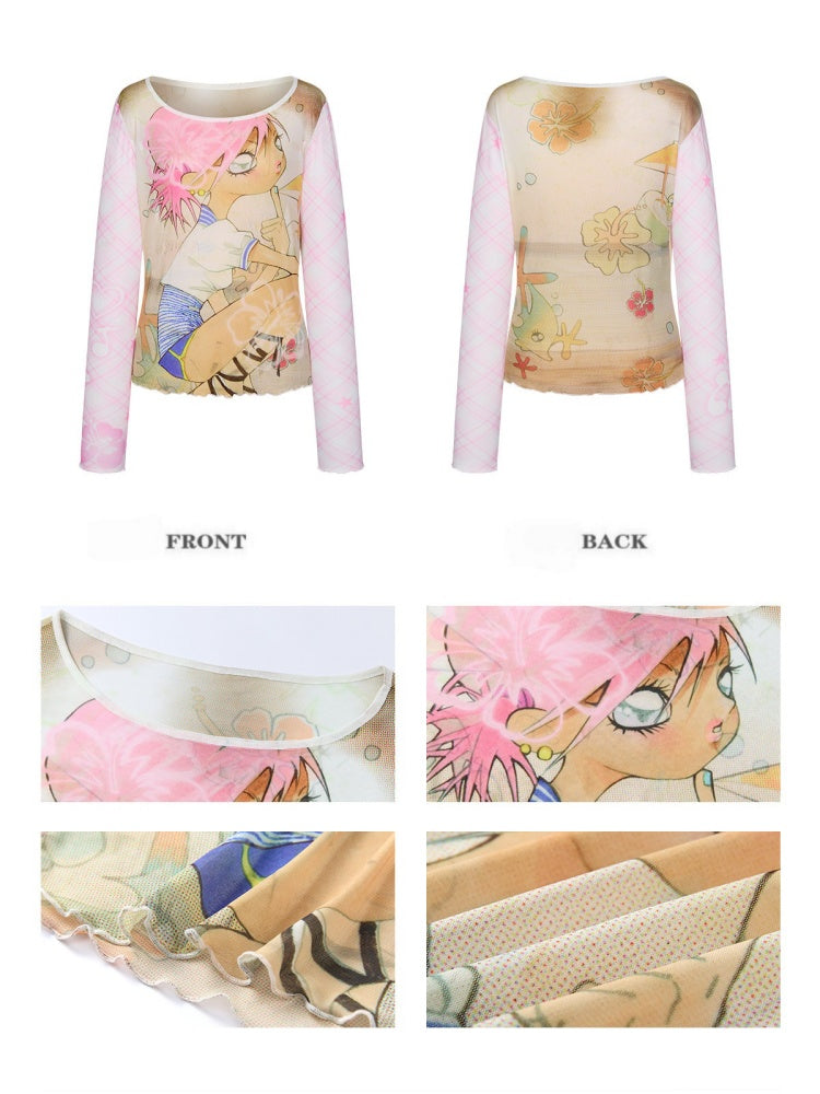 Illustration Printed Mesh Cover T-Shirt【s0000017356】