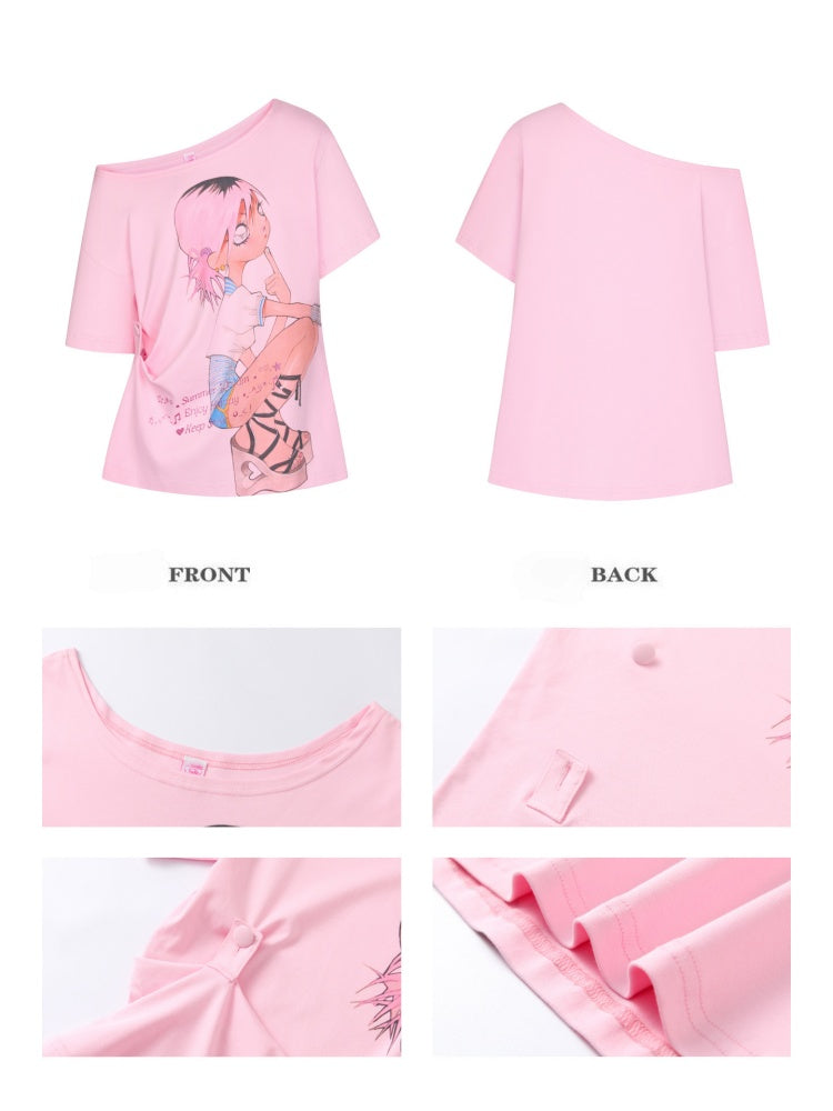 Slanted Shoulder Relaxation Manga Girl Print Short Sleeve T-Shirt【s0000017362】
