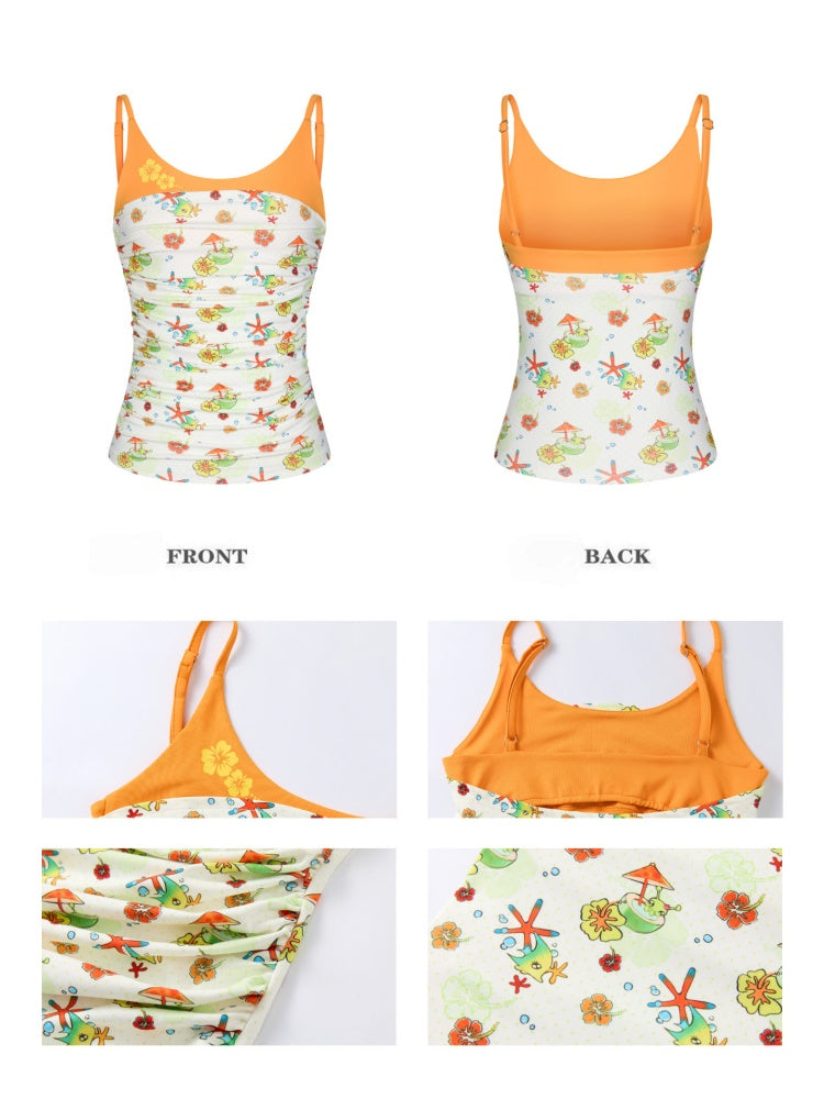 Hawaiian Pleated Spliced Contrasting Full Print Camisole【s0000017367】