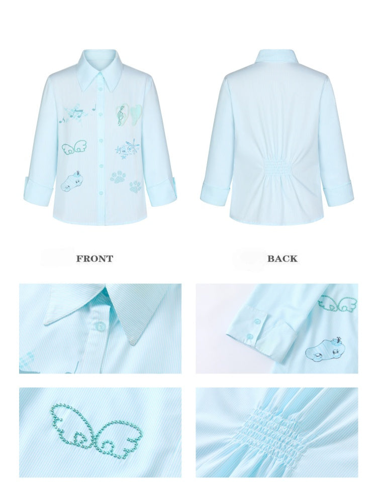 Striped Rhinestone-Cinched Mid-Sleeve Shirt【s0000017370】