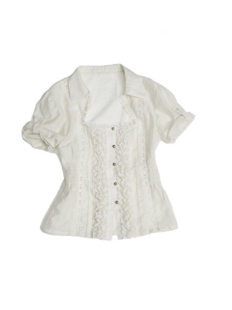 Square Collar Puff Sleeve Ruffle Lace Sheer Shirt【s0000017553】