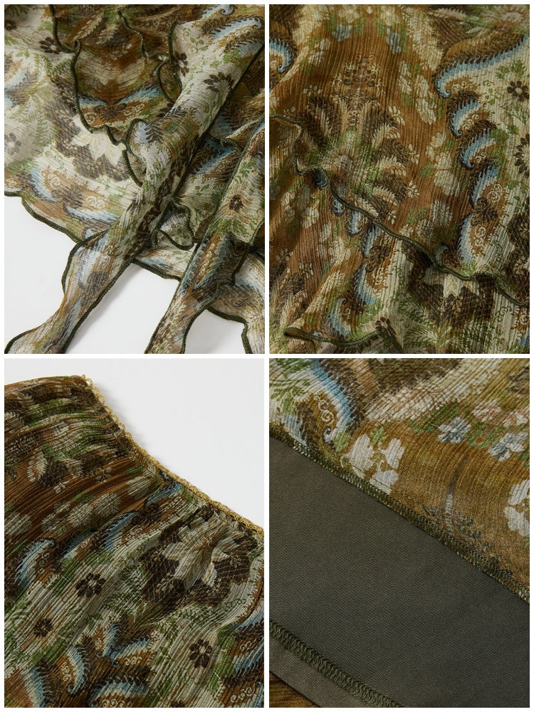 Vintage Floral Chiffon Asymmetrical Hem Ruffled A-Line Skirt【s0000017557】