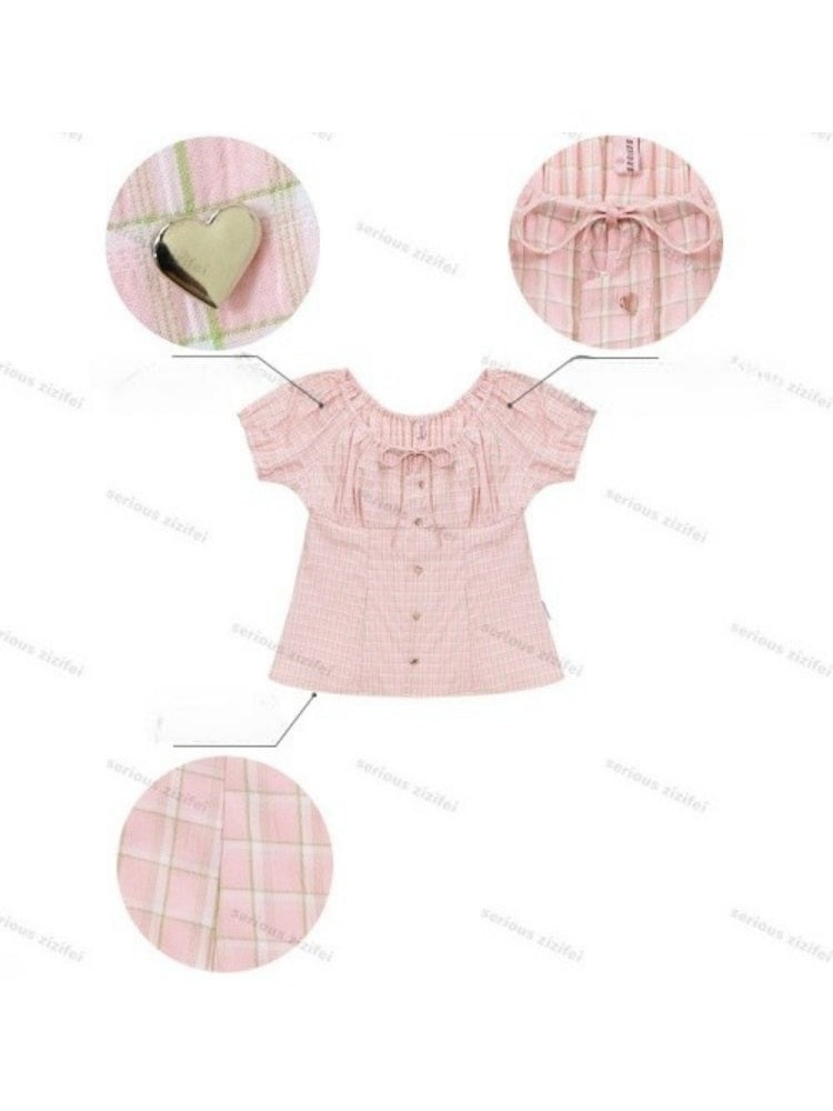 Pink Plaid Slimming Puff Sleeve Shirt【s0000017563】