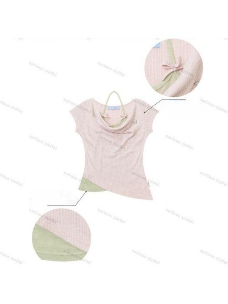 Two-Piece Swing Collar Pink Halter-Neck Slim Short-Sleeve T-Shirt【s0000017564】