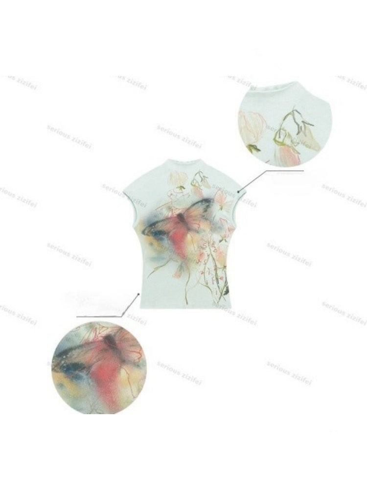 Summer Arty Watercolor Gradient Slimming Butterfly Light Green Short-Sleeve T-shirt【s0000017565】