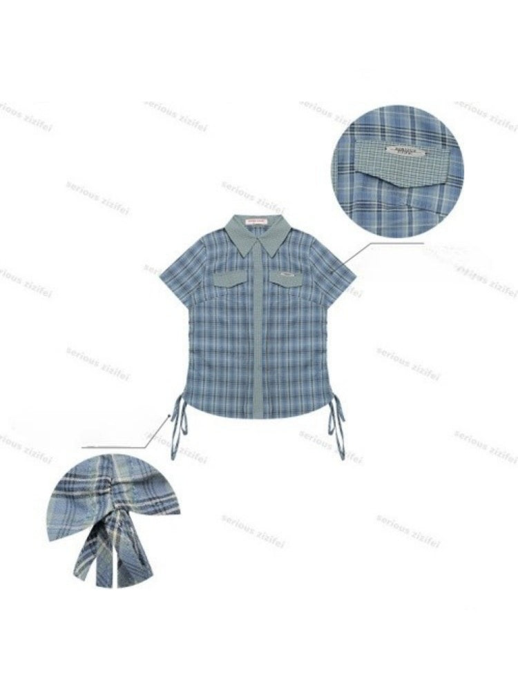 American Vintage Collegiate Slim Blue-Green Plaid Short-Sleeve Shirt【s0000017566】