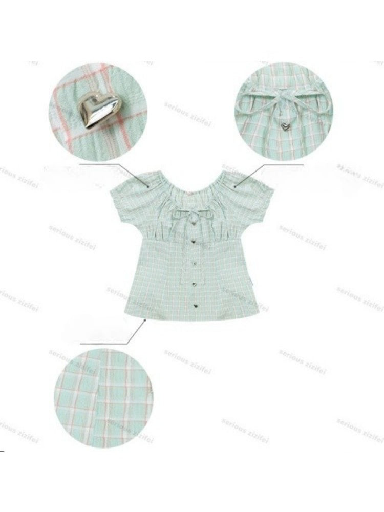 Green Plaid Slimming Puff Sleeve Shirt【s0000017567】