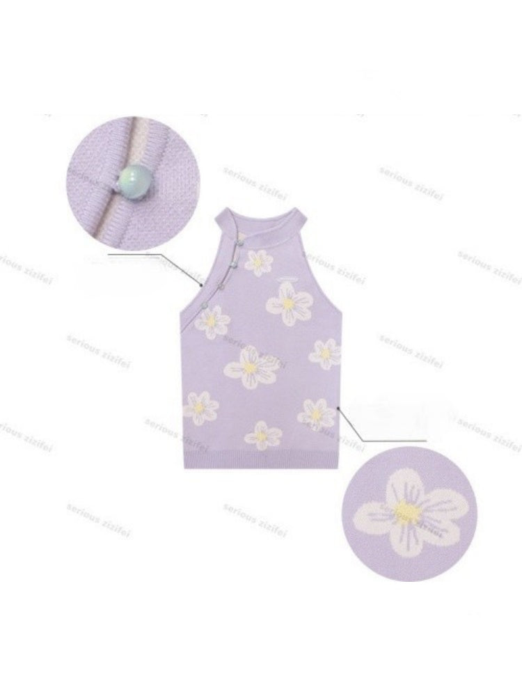 Chinese Style Dreamy Purple Floral Halter-Neck Slim Fit Knit Tank Top【s0000017568】