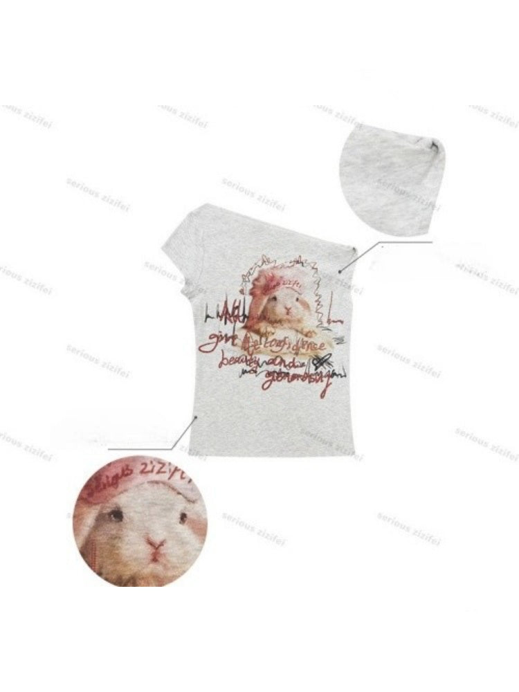 Off-Shoulder Rabbit Print Gray Short-Sleeve T-Shirt【s0000017569】