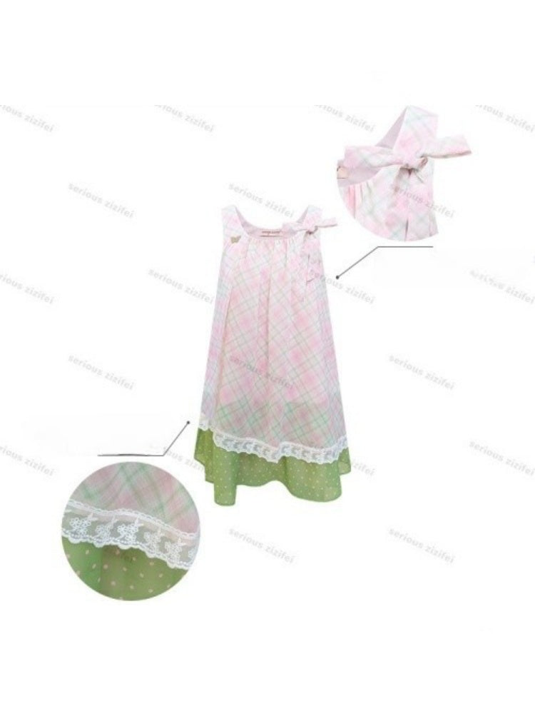Sweet Pink Plaid Patchwork Lace Strap Dress【s0000017571】