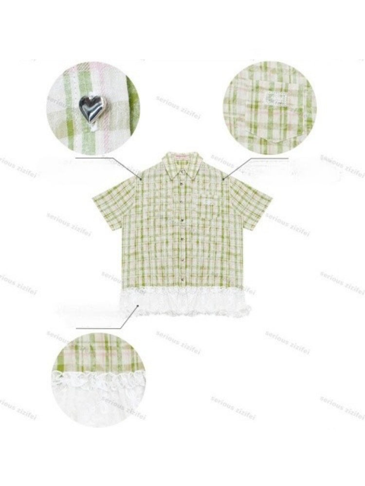 Vintage Countryside Green Plaid Lace Hem Short-Sleeved Shirt【s0000017572】