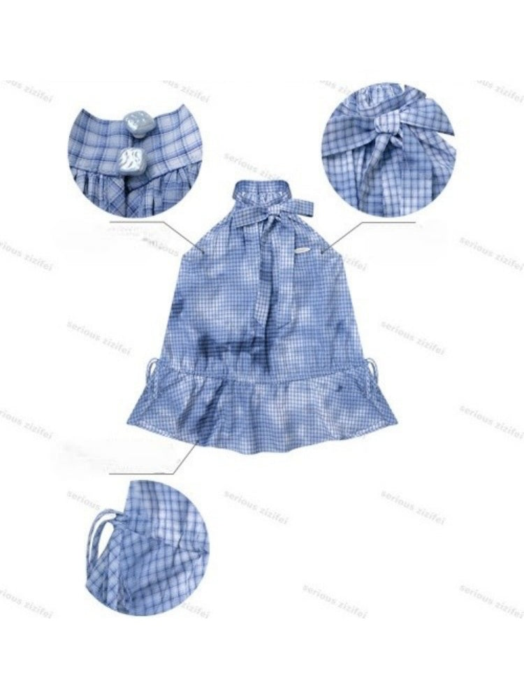 Blue Plaid Bow Halter-Neck Waist-Cinching Tank Top【s0000017573】