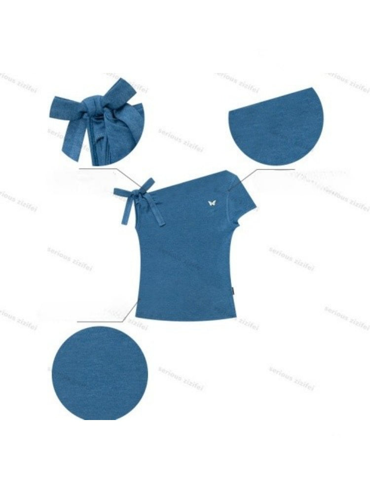 Off-Shoulder Sweet Cool Blue Slim Fit Short-Sleeve T-Shirt【s0000017574】
