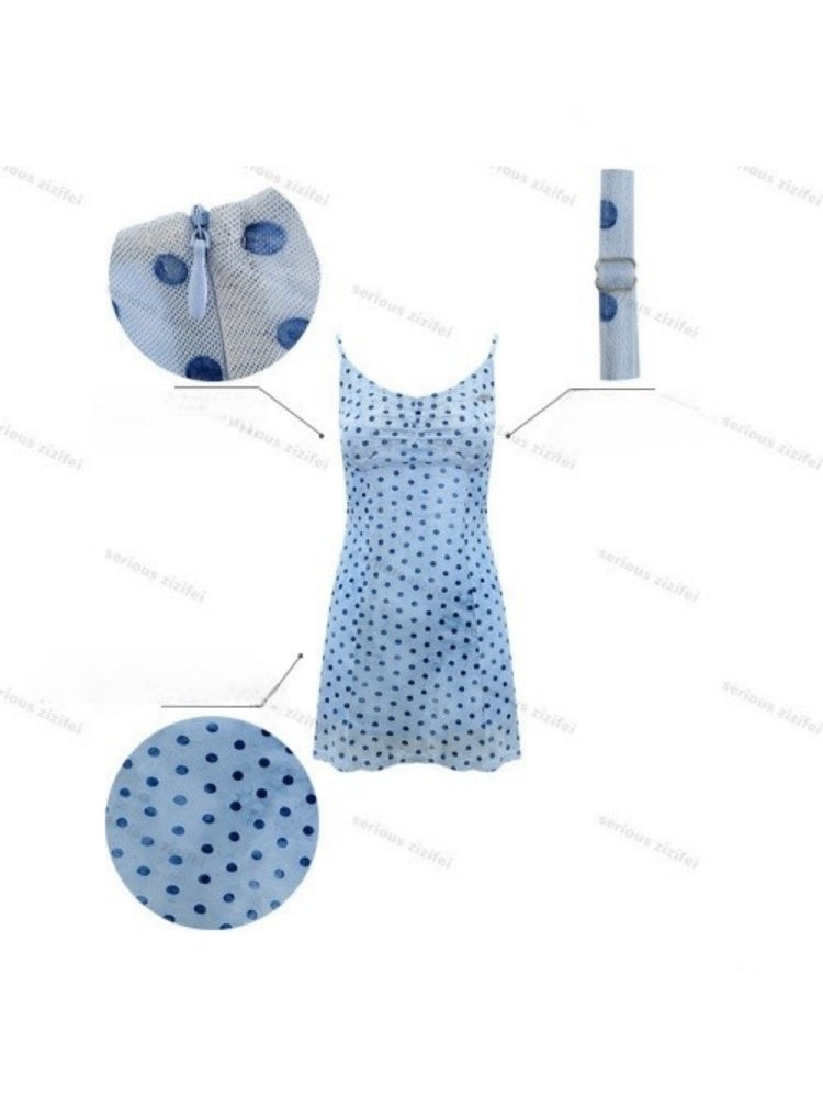 Ice Blue Polka Dot Waist-Cinching Slimming Camisole Dress【s0000017575】