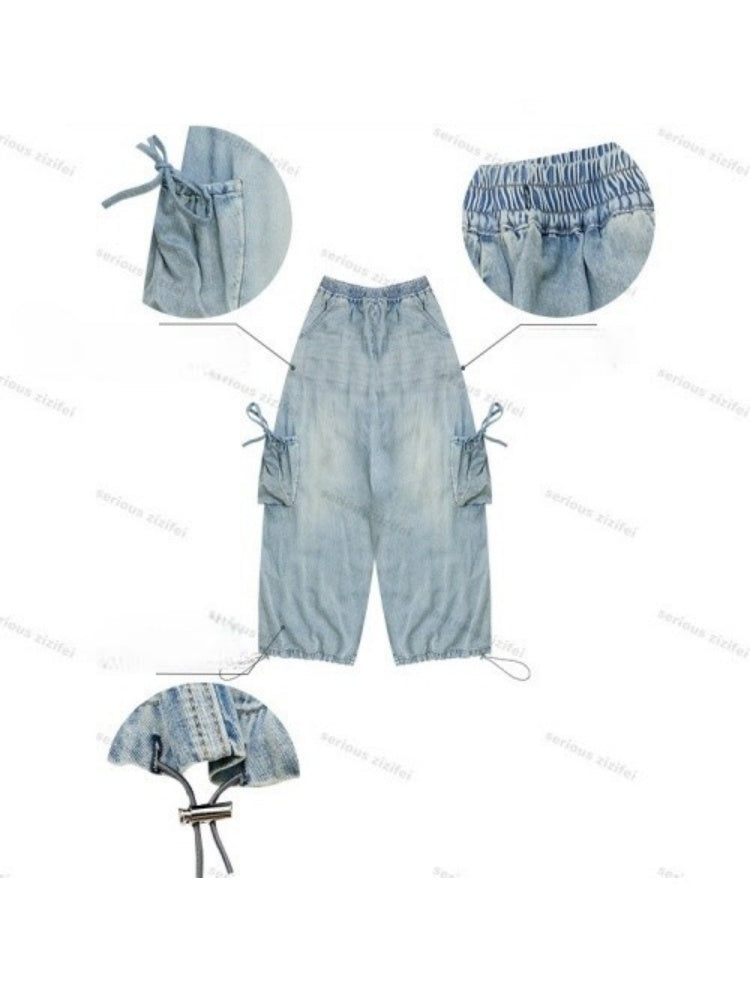 Vintage Wide-Leg Bow Pockets High-Waisted Slimming Denim Pants【s0000017576】