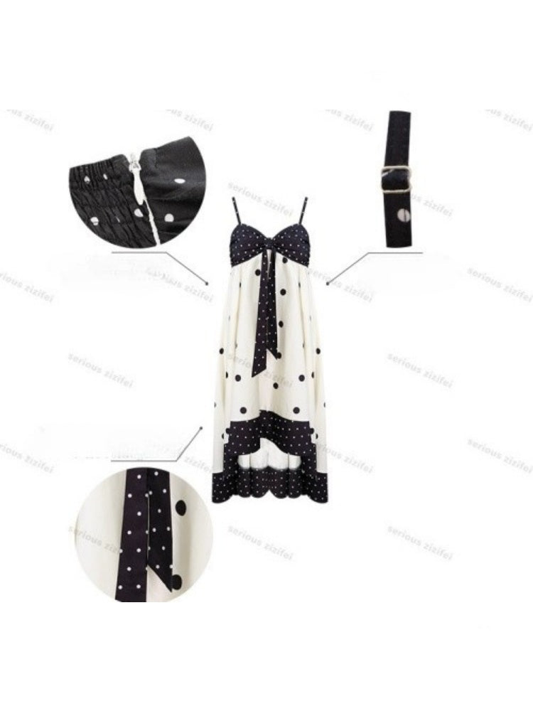 Black & White Polka Dot Bow Slip Dress【s0000017577】