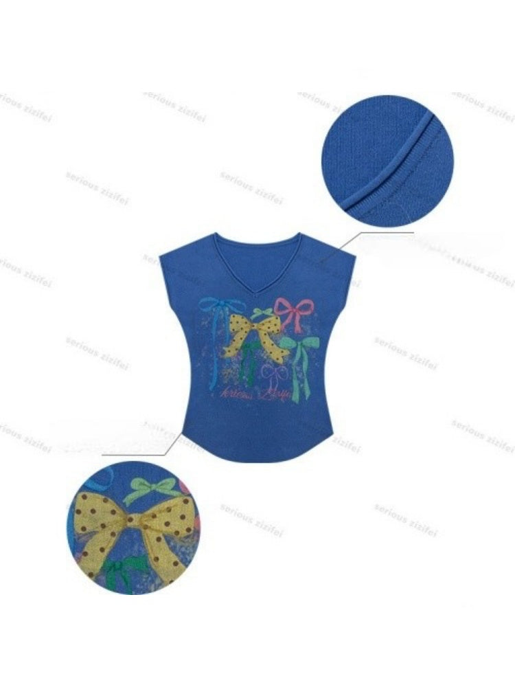 Bow Print Blue V-Neck Short-Sleeve T-Shirt【s0000017578】