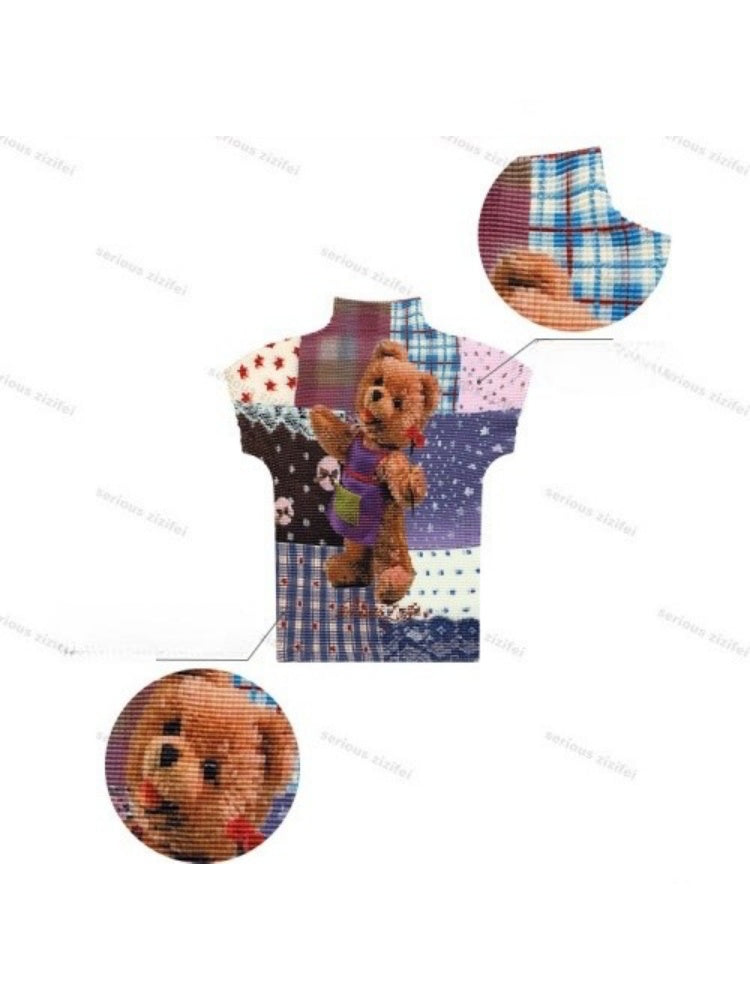 Little Bear Patchwork Pattern Pleated Short-Sleeve T-Shirt【s0000017579】