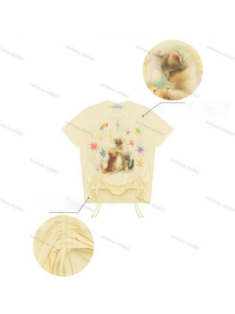 Vintage Lazy Style Cat Print Drawstring Goose Yellow Crew Neck Short Sleeve T-Shirt【s0000017580】