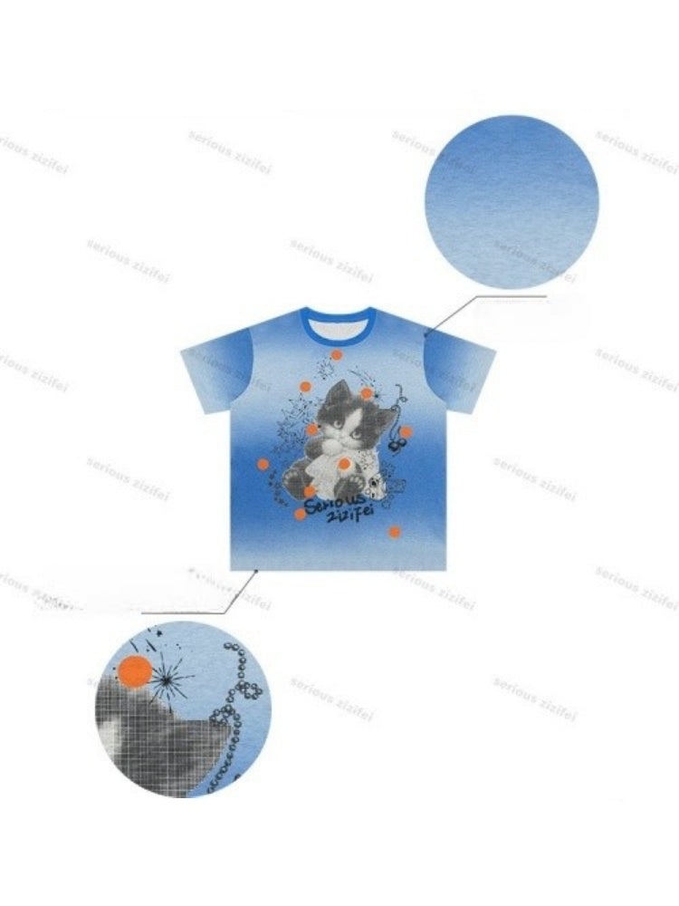 Blue Gradient Art Graffiti Cat Print Crew Neck Slimming Short-Sleeve T-Shirt【s0000017581】