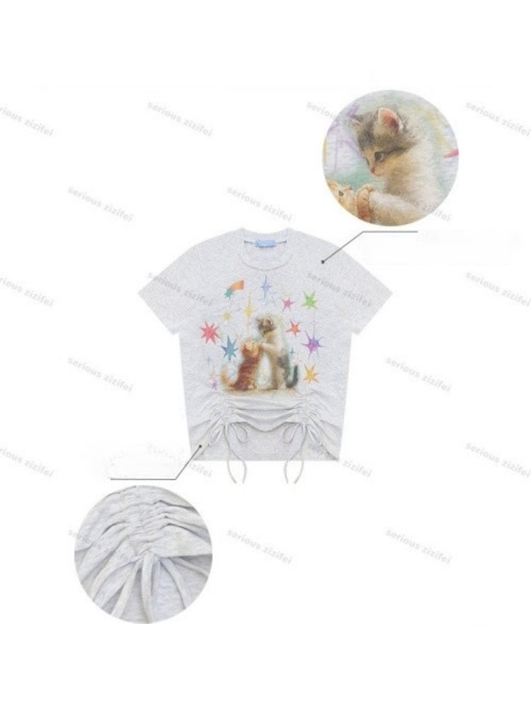 Vintage Lazy Style Cat Print Drawstring Light Gray Crew Neck Short Sleeve T-Shirt【s0000017582】