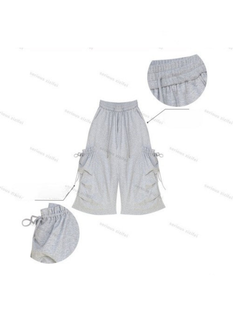 Slimming Drawstring Pocket Gray Wide-Leg Sports Cropped Casual Sweat Pants【s0000017583】