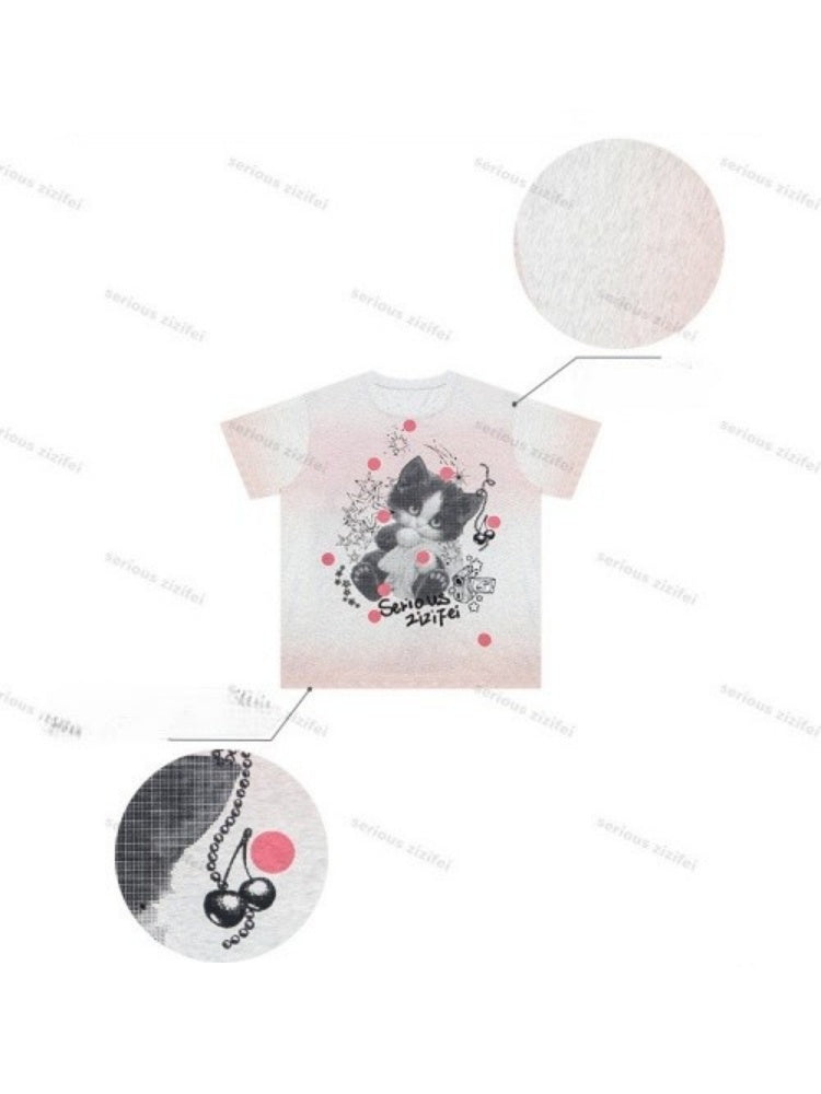 Pink Gradient Art Graffiti Cat Print Crew Neck Slimming Short Sleeve T-Shirt【s0000017584】