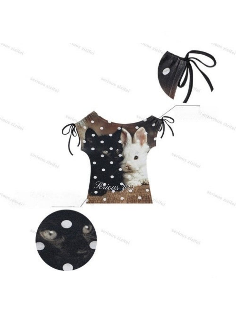 Polka Dot Cat & Rabbit Print Tie Off-Shoulder Slim Short Sleeve T-Shirt 【s0000017585】