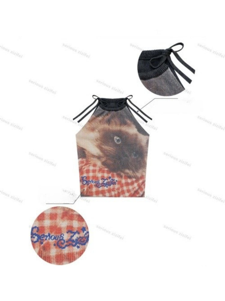 Lazy Style Cat Print Tie-Up Short Slim Halter-Neck Vest【s0000017586】