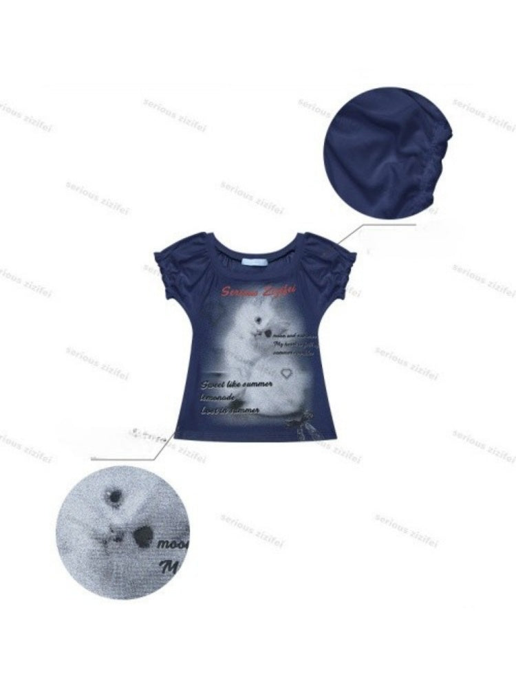 Cat Print Puff Sleeve U-Neck Slimming Deep Blue Short Sleeve T-Shirt【s0000017587】