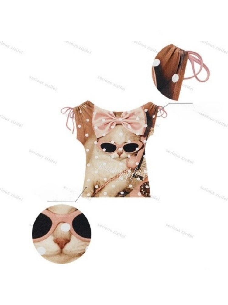 Polka Dot Cat Print Tie Off-Shoulder Pink Short Sleeve T-Shirt【s0000017588】