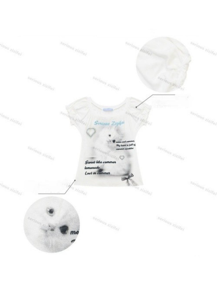 Cat Print Puff Sleeve U-Neck Slimming White Short-Sleeve T-Shirt【s0000017589】