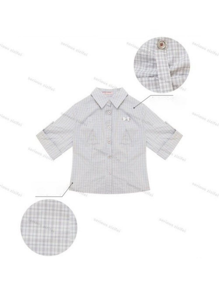Light Gray Plaid Vintage Atmosphere Slimming Short-Sleeve Shirt【s0000017590】